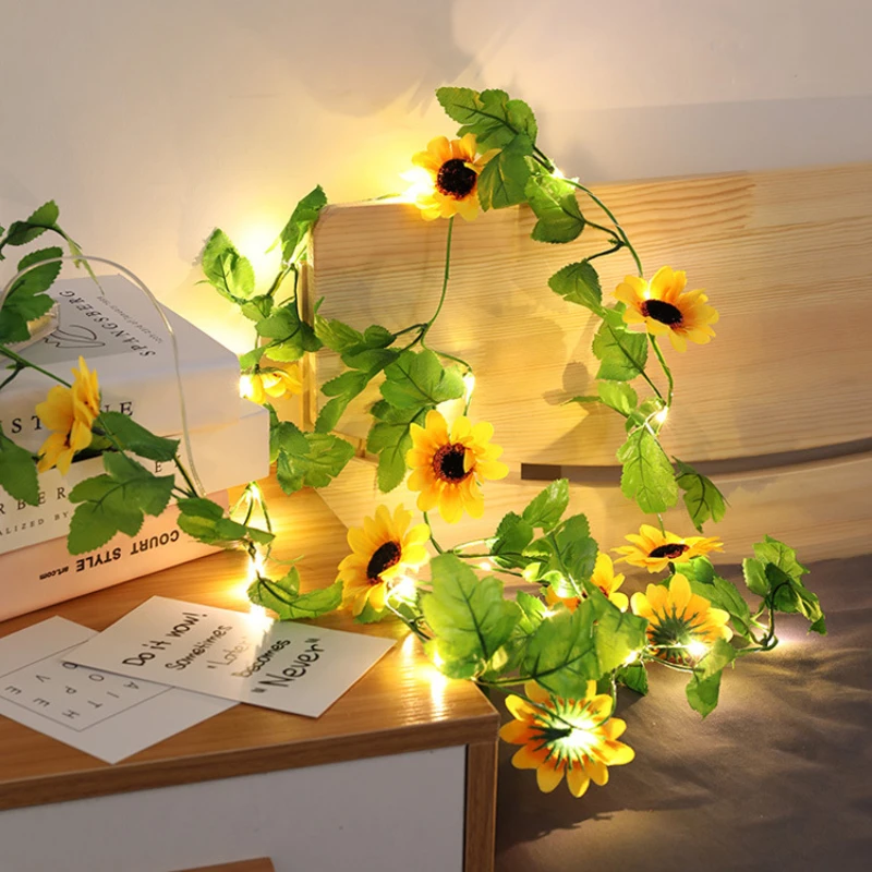 5 M 50 LEDs pil ışletilen ayçiçeği peri ışıkları ev dekoratif LED dize ışıkları yapay çiçek noel çelenk lamba Görüntü 0