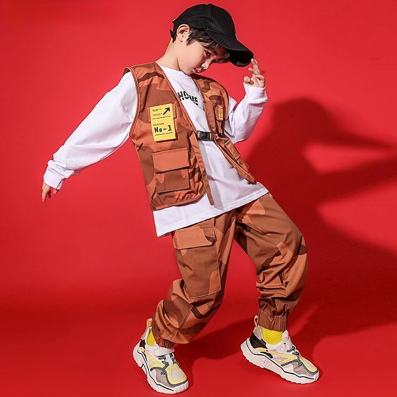 Erkek Hip Hop Kız Kamuflaj Yelek Kargo Pantolon Kıyafetler Çocuk Askeri Jogger Sokak Dansı Çocuklar Streetwear Kostüm spor takımları Görüntü 0