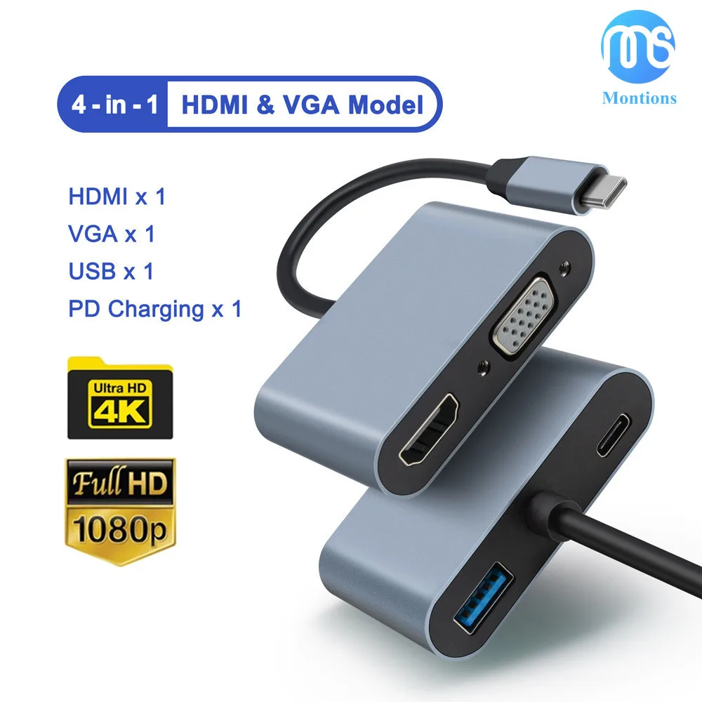 USB 3.0 dizüstü bilgisayarlar ve Nintendo gibi C Tipi arayüzlere sahip HDMI uyumlu VGA Multiport Adaptörüne 4'ü 1 arada USB C Hub Görüntü 0