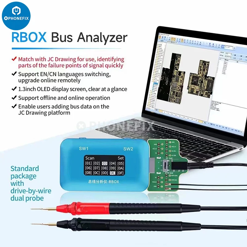 JCID RBOX Otobüs Analizörü iPhone Android Telefon İçin Sinyal Hataları Algılama Onarım Aracı ile JC Çizim Yazılımı Hızlı Konumlandırma Görüntü 0