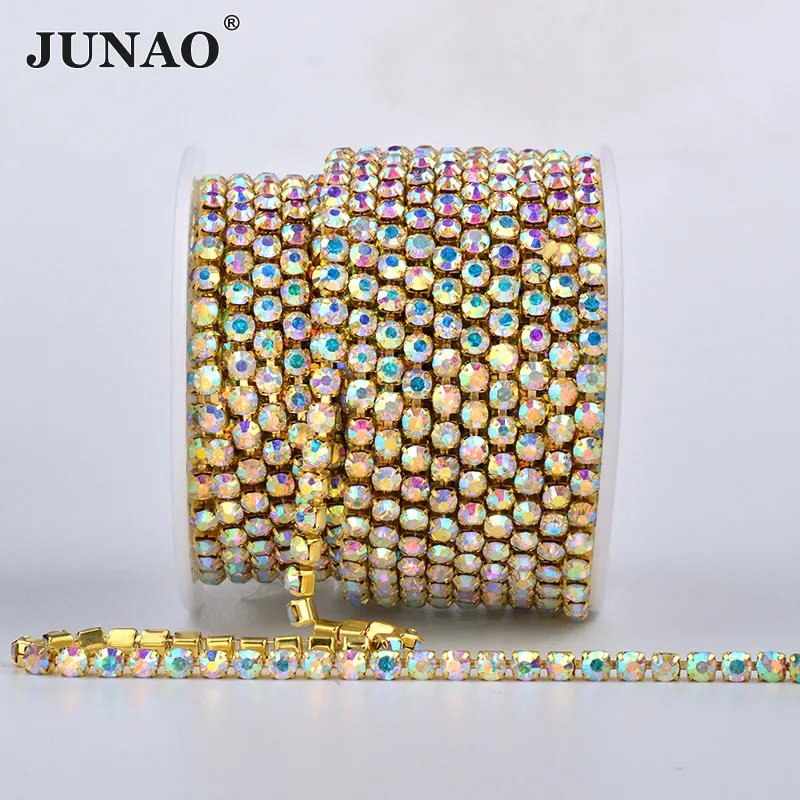 JUNAO SS6 SS12 SS16 SS18 Altın Taban AB suni elmas zincir Dikiş Cam Saçak Trim Kristal Aplike Strass Bantlama Elbise için El Sanatları Görüntü 0