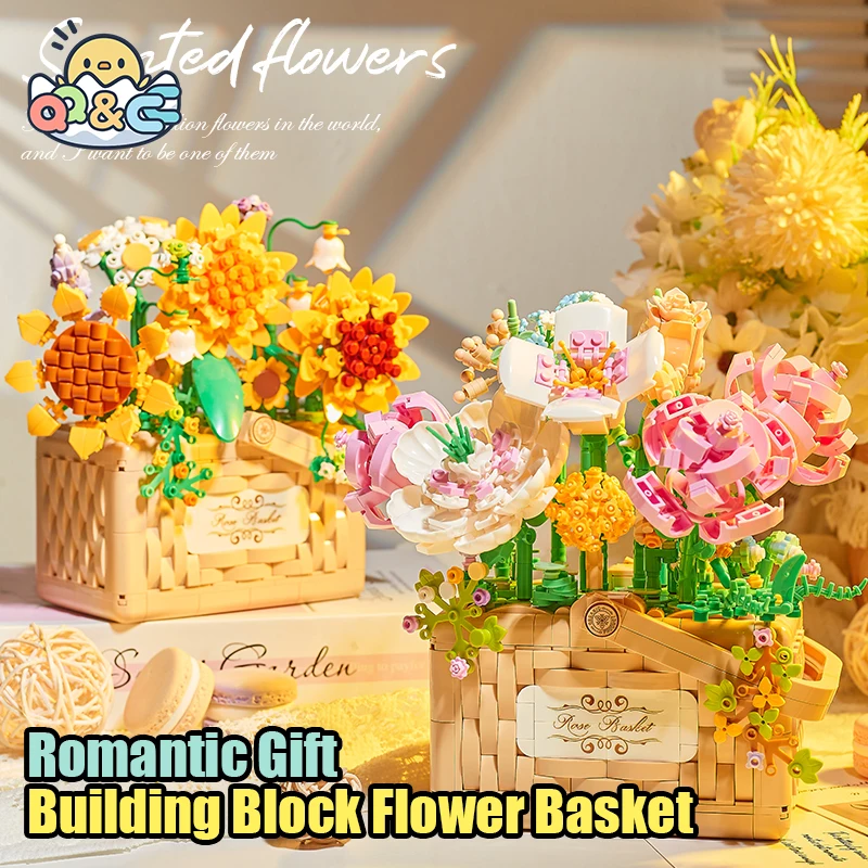 Yapı blok seti Çiçek Sepeti Çiçeği Ebedi Ayçiçeği Gül Modeli Romantik Hediye Dıy Tuğla Oyuncaklar Boys için Ev Dekor Görüntü 0