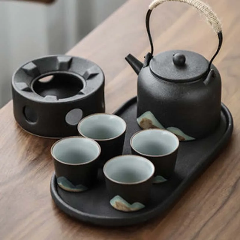 Siyah çömlek çay seti seti ev ofis Japon tarzı kolu pot çay bardağı çay isıtıcı Kung Fu çay seti kuru çay tepsisi seti Görüntü 0