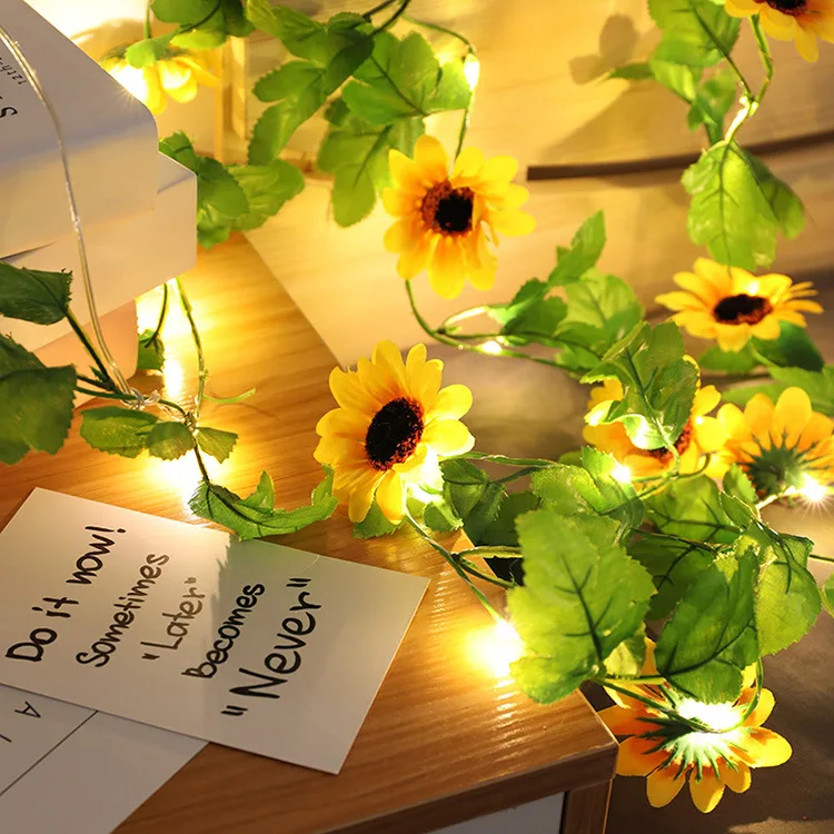 5 M 50 LEDs pil ışletilen ayçiçeği peri ışıkları ev dekoratif LED dize ışıkları yapay çiçek noel çelenk lamba Görüntü 1