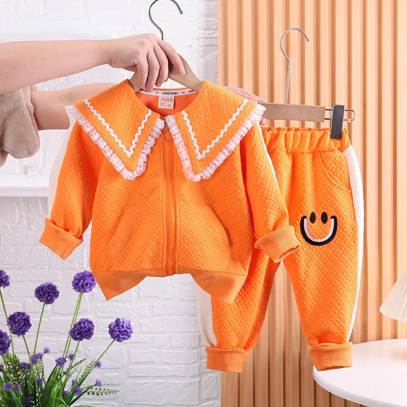Bebek Kız noel kıyafeti 2023 İlkbahar Sonbahar Kore Tarzı Rahat turn-aşağı Yaka Fermuar Hırka Mont ve pantolon Çocuk Giysileri Görüntü 1