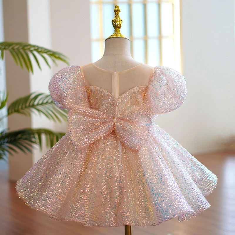 2023 Zarif Beyaz Pembe Vaftiz 1 Yıl Doğum Günü Elbise Bebek kadın kostümü Kızlar Prenses Elbiseler Parti Elbise Pullu Balo Görüntü 1