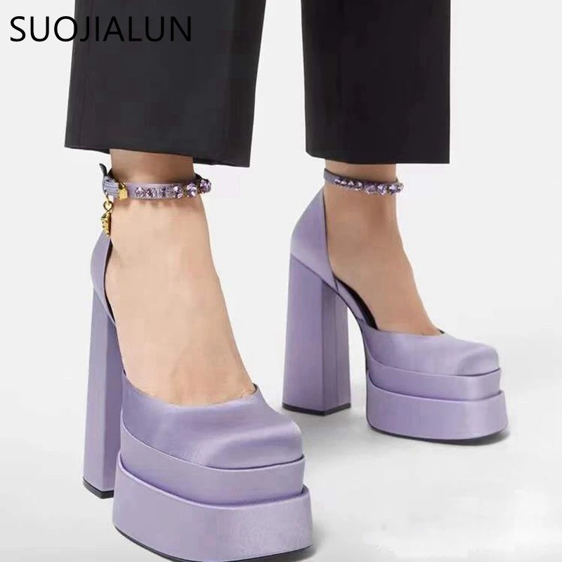 SUOJIALUN Yeni Marka Kadın Pompaları Ayakkabı Kare Yüksek Topuk Platformu Parti Elbise Ayakkabı Kare Ayak Sığ Ayak Bileği Kayış Sandalet Ayakkabı Görüntü 1