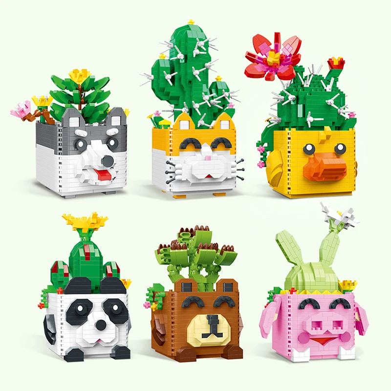 DIY Yapı Taşları Mini Saksı Çiçekleri Sevimli Süsler Karikatür Panda Kaktüs Modeli Tuğla çocuk Eğitici Oyuncaklar Çocuk Hediye Görüntü 1