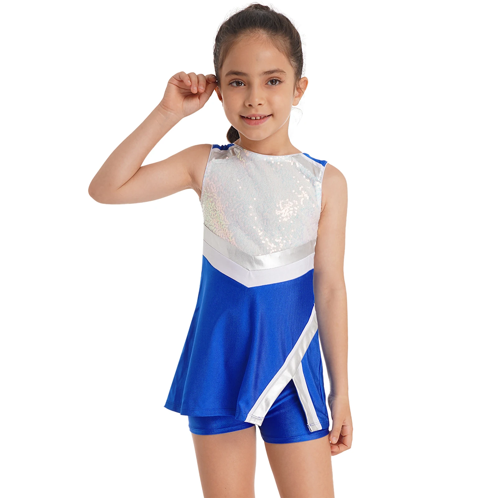 Çocuk Kız Tenis Spor Takım Elbise Egzersiz Jimnastik Kıyafet Eşofman Kolsuz Sequins Elbise şort takımı Caz Bale Dans Görüntü 1