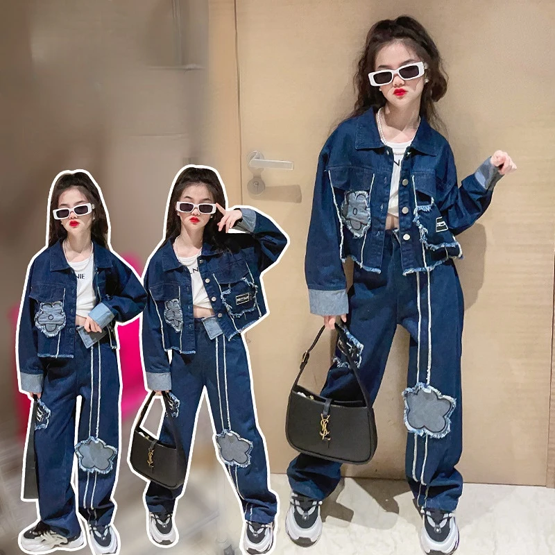 2023 Bahar Genç Kız Kıyafetler Denim Ceket + Kot İki Adet Moda Çocuk giyim Seti Mavi Rahat Kostümleri Kızlar giysi Görüntü 2