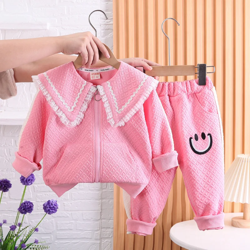 Bebek Kız noel kıyafeti 2023 İlkbahar Sonbahar Kore Tarzı Rahat turn-aşağı Yaka Fermuar Hırka Mont ve pantolon Çocuk Giysileri Görüntü 2