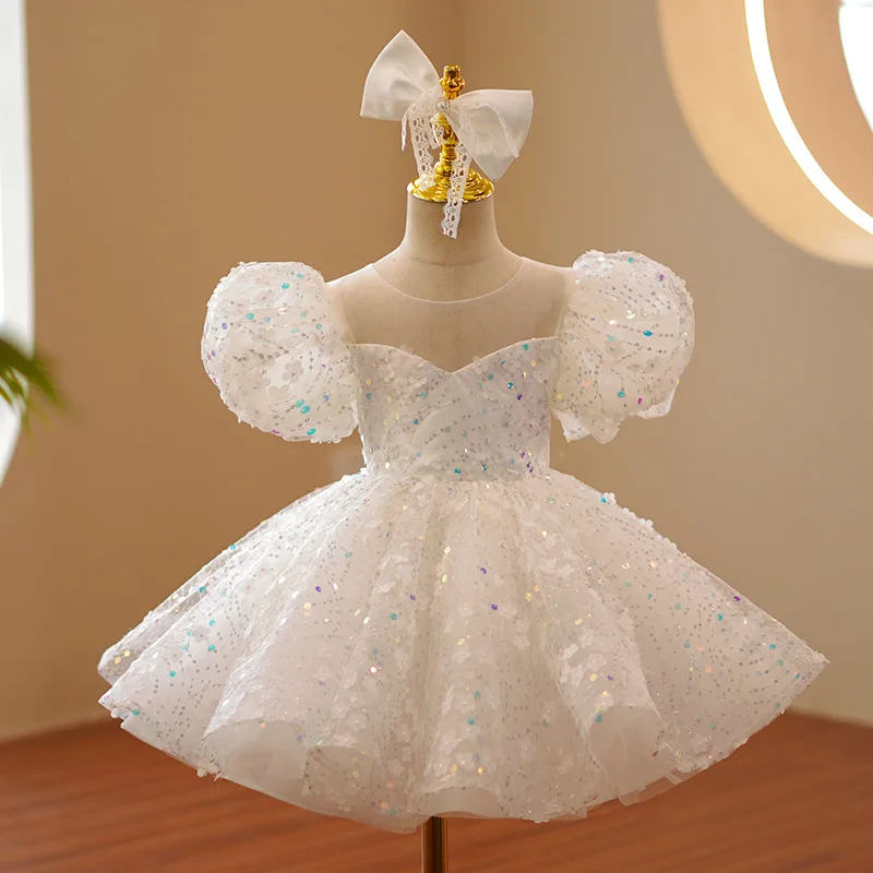 2023 Zarif Beyaz Pembe Vaftiz 1 Yıl Doğum Günü Elbise Bebek kadın kostümü Kızlar Prenses Elbiseler Parti Elbise Pullu Balo Görüntü 2