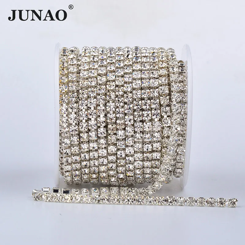 JUNAO SS6 SS12 SS16 SS18 Altın Taban AB suni elmas zincir Dikiş Cam Saçak Trim Kristal Aplike Strass Bantlama Elbise için El Sanatları Görüntü 3