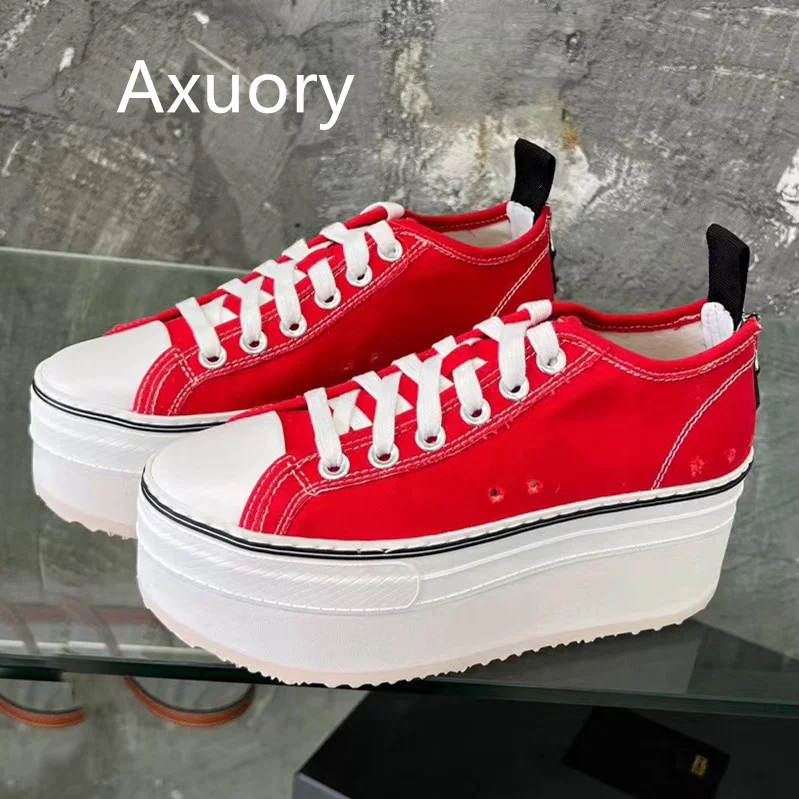 2023 Kadın kanvas ayakkabı Dantel-up Yüksek topuk 5cm Kalın alt düz anti kayma Karışık Renk Platformu Sneakers Beyaz Görüntü 3