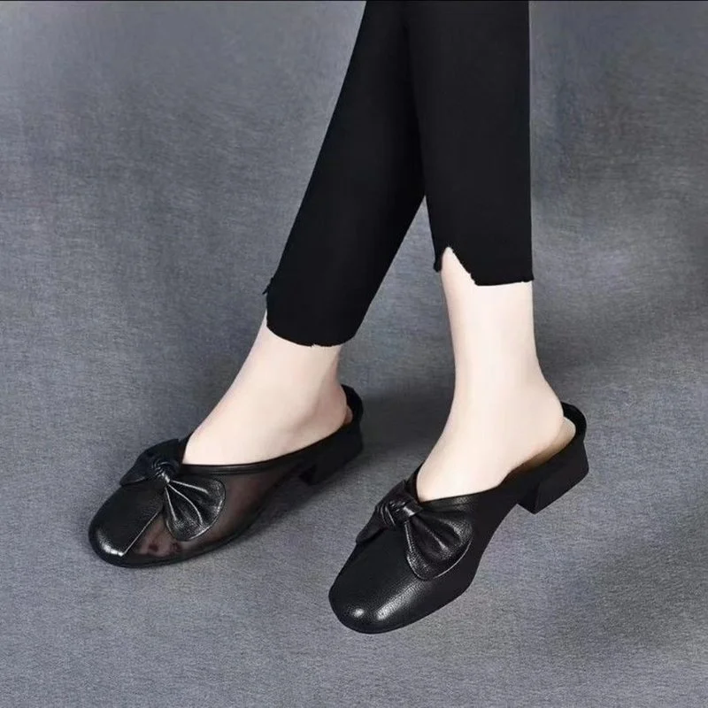 Baotou yarı römork kadın yeni düşük topuklu sandalet bahar yumuşak deri dört mevsim yarı terlik kadın sandalet Muller ayakkabı Görüntü 3