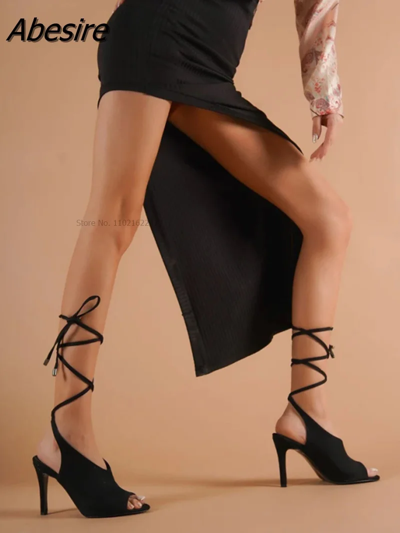 Kadın Platformu Topuklu Sandalet Yuvarlak Kafa Yüksek Topuklu Kadın Ayakkabı Seksi Çapraz Bağlı Pompaları Moda parti ayakkabıları Siyah Bayanlar Pompaları Görüntü 3