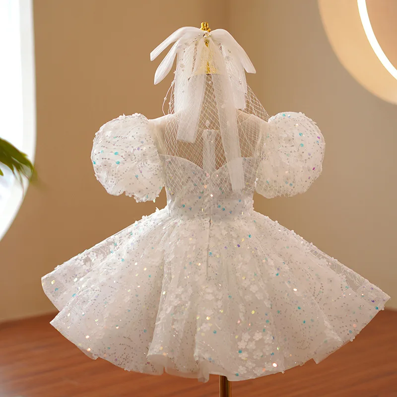 2023 Zarif Beyaz Pembe Vaftiz 1 Yıl Doğum Günü Elbise Bebek kadın kostümü Kızlar Prenses Elbiseler Parti Elbise Pullu Balo Görüntü 3