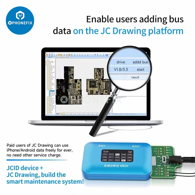 JCID RBOX Otobüs Analizörü iPhone Android Telefon İçin Sinyal Hataları Algılama Onarım Aracı ile JC Çizim Yazılımı Hızlı Konumlandırma Görüntü 4