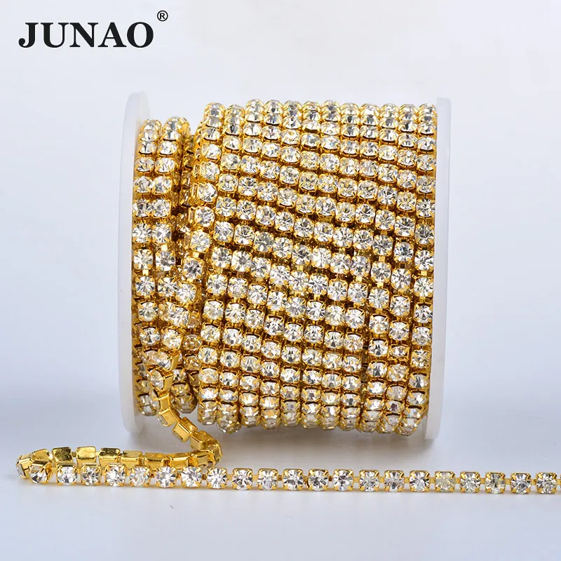JUNAO SS6 SS12 SS16 SS18 Altın Taban AB suni elmas zincir Dikiş Cam Saçak Trim Kristal Aplike Strass Bantlama Elbise için El Sanatları Görüntü 4