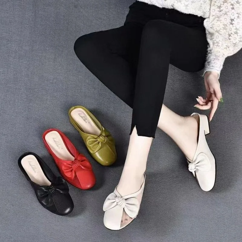 Baotou yarı römork kadın yeni düşük topuklu sandalet bahar yumuşak deri dört mevsim yarı terlik kadın sandalet Muller ayakkabı Görüntü 4
