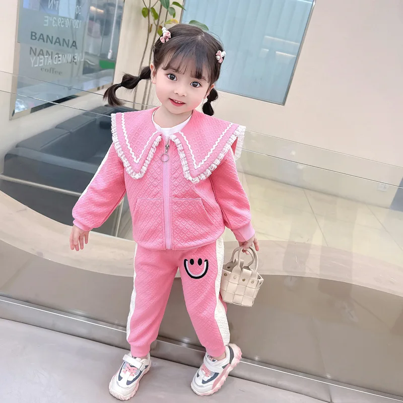 Bebek Kız noel kıyafeti 2023 İlkbahar Sonbahar Kore Tarzı Rahat turn-aşağı Yaka Fermuar Hırka Mont ve pantolon Çocuk Giysileri Görüntü 4
