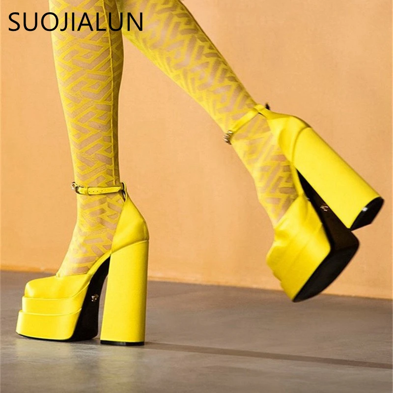 SUOJIALUN Yeni Marka Kadın Pompaları Ayakkabı Kare Yüksek Topuk Platformu Parti Elbise Ayakkabı Kare Ayak Sığ Ayak Bileği Kayış Sandalet Ayakkabı Görüntü 5
