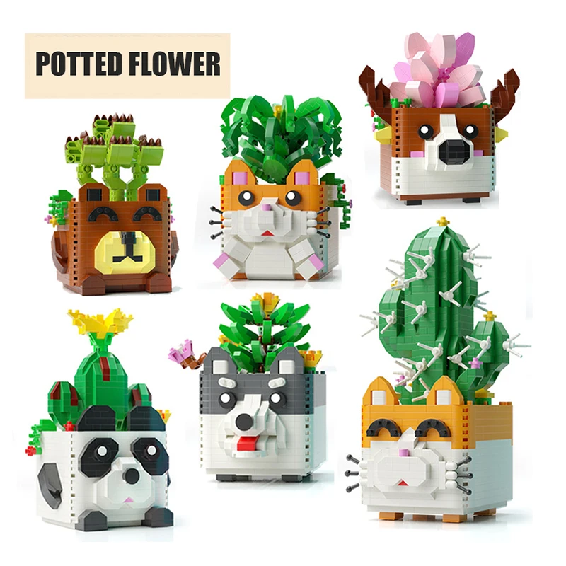 DIY Yapı Taşları Mini Saksı Çiçekleri Sevimli Süsler Karikatür Panda Kaktüs Modeli Tuğla çocuk Eğitici Oyuncaklar Çocuk Hediye Görüntü 5